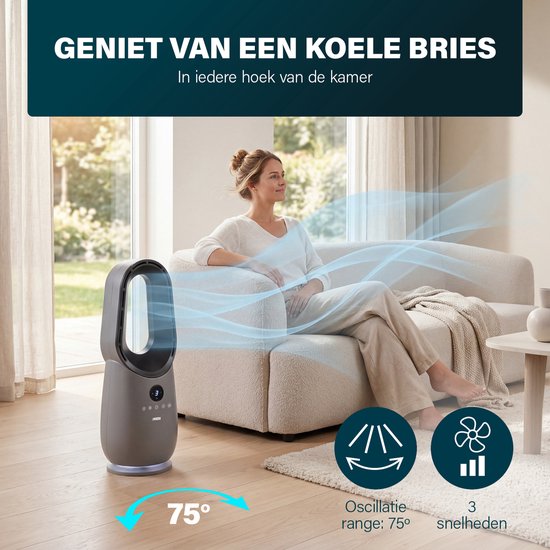 Princess blattloser Turmventilator – 60 W – Leistungsstarker und leiser blattloser Ventilator mit Fernbedienung, Timer und LED-Anzeige – 75°-Oszillation – 3 Geschwindigkeitsstufen – 351582