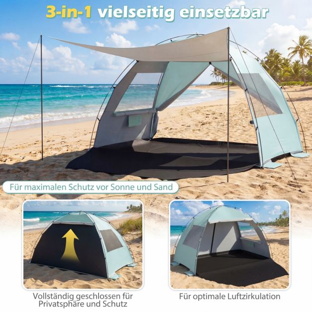 Coast Strandzelt 260 × 150 × 160 cm – Strandzelt mit Markise, UPF 50+ UV-Schutz, Netzfenstern und Tragetasche – Grün