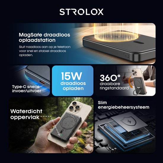 Strolox Powerbank – 12.000 mAh – Kompatibel mit dem MagSafe-System – Kabellose Powerbanks – Schnellladegerät – Notfallpaket – Mit Ständer