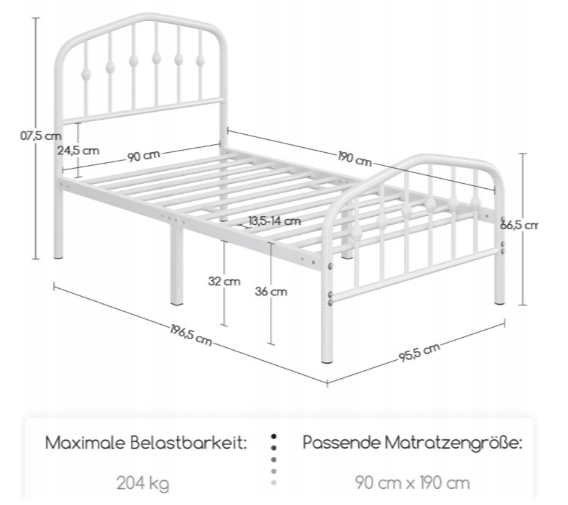 Yaheetech Einzelbett aus Metall im Vintage-Stil – Weiß – 90 x 190 cm