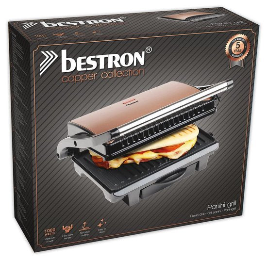 Bestron Kontaktgrill – ASW113CO – 1000 W – Sandwichtoaster – 25 x 17 cm Grillfläche – Kupfer – 5 Jahre Garantie