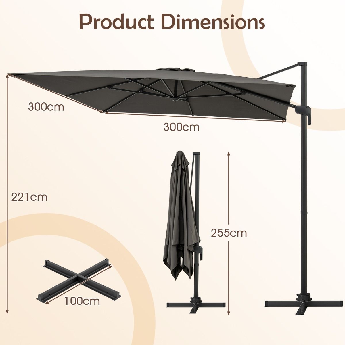 Coast Quadratischer Sonnenschirm – um 360° drehbar – Neigung verstellbar – grau 300 x 300 cm