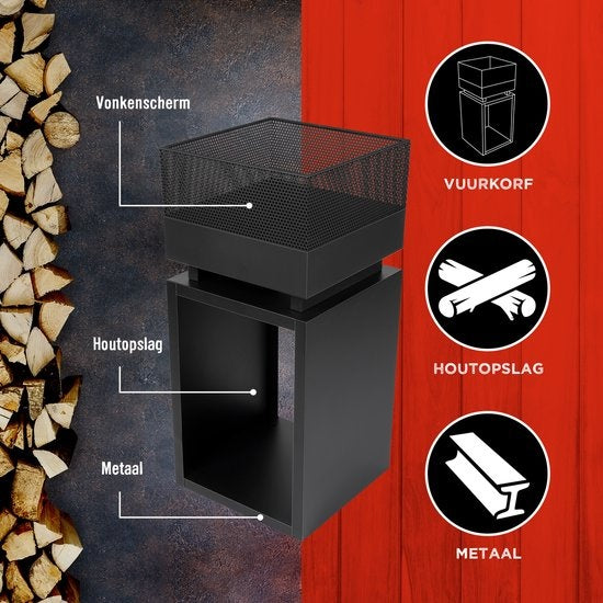 BBQ Collection - Feuerkorb mit Funkenschutz - Gartenkamin 39 x 39 x 85 cm - Outdoor-Kamin mit Pfahl und Brennholzlager - Holzofen für Garten und Terrasse - Outdoor-Ofen für Holz - Carbonstahl
