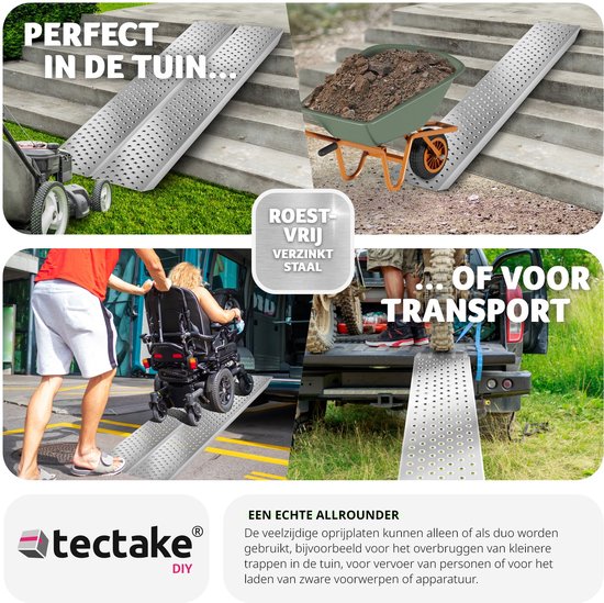 tectake 2x Auffahrrampen - 2er Set Auffahrrampen aus Stahl mit Tragkraft bis 400 kg - Rutschfest und gelocht - Auffahrrampe für Auto, Anhänger, Motorrad, Aufsitzmäher, Rollstuhl, Fahrrad (160 cm)