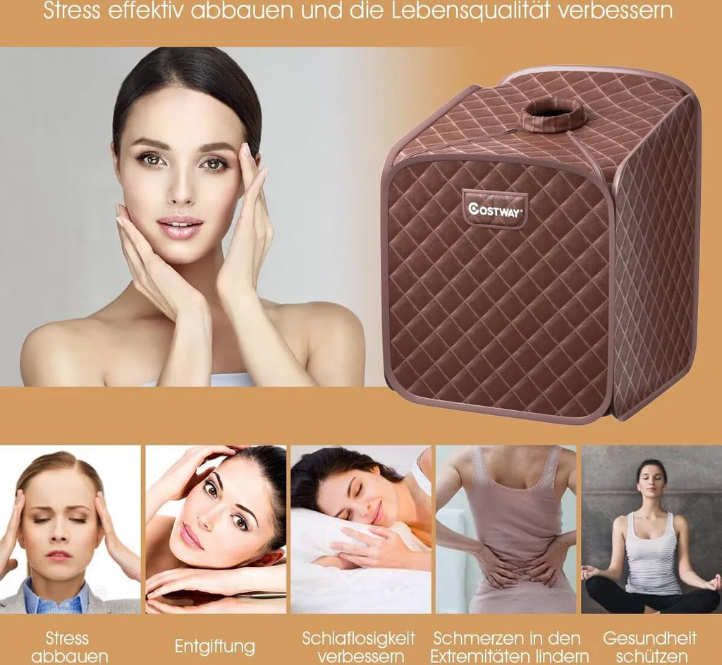 Coast Mini-Dampfsauna 2 Liter – Zusammenklappbare Heimsauna mit Fernbedienung, Timer, 9 Temperaturstufen und Sitz – Braun