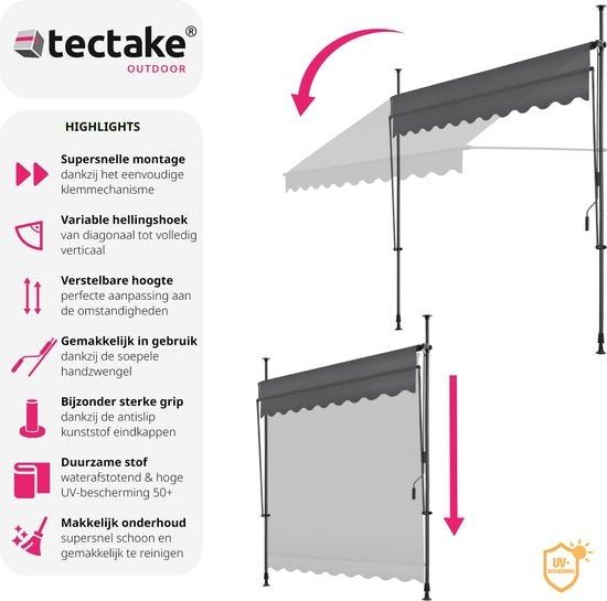 tectake - Klemmmarkise - Sonnenschirm - Markise - Verstellbar - 250 x 120 cm - schwarz grau