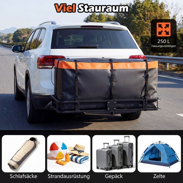 Coast Gepäcktasche für Anhängerkupplungsträger – 255 l – 129 x 42 x 45 cm – Orange und Schwarz