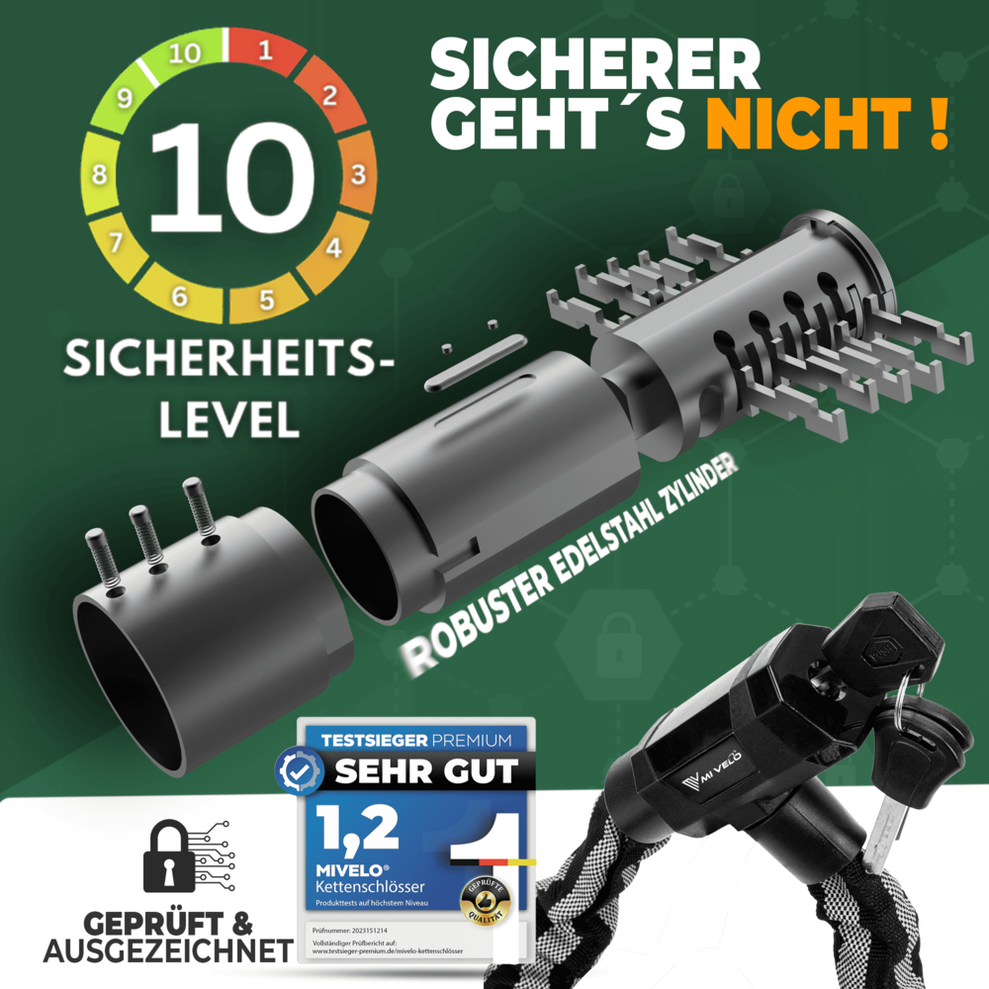 MIVELO Kettenschloss für Fahrräder - Mit Schlüsselschloss und LED - 100 CM - Edelstahl