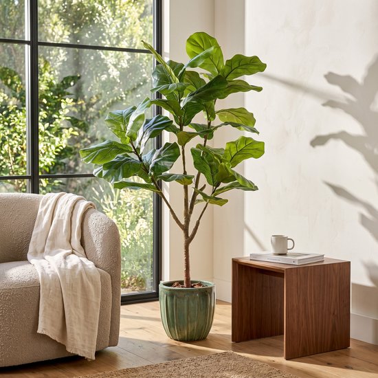 Mica Decorations Ficus Lyrata Kunstpflanze – Kunststoff-Zimmerpflanze im schwarzen Topf – wasser- und UV-beständig für drinnen und draußen – pflegefreie botanische Dekoration – H 150 x Ø 50 cm – grün
