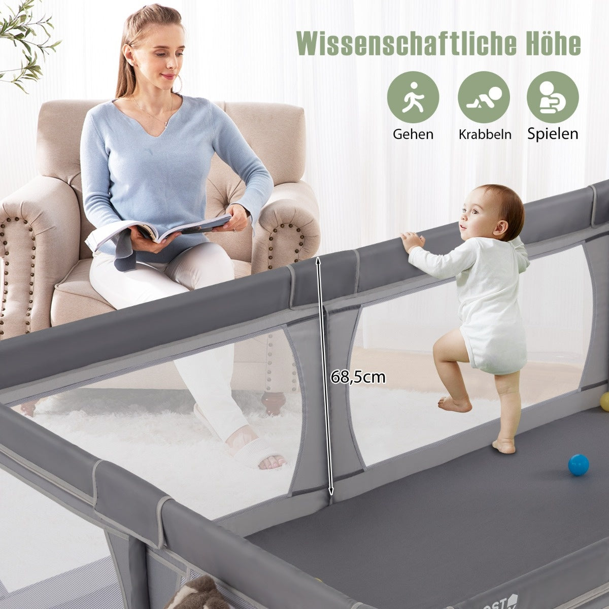 Coast Baby Laufstall mit 50 Bällen und 2 Türen und atmungsaktivem Netz Dark Gray