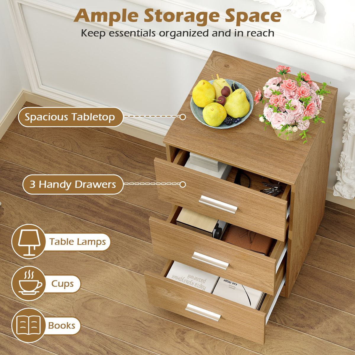Coast Nachttisch – Kommode aus Holz mit 3 Schubladen – Modernes Design – Naturfarben 38 x 35 x 66 cm