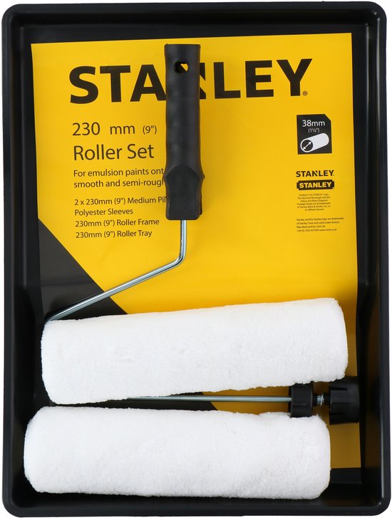 STANLEY Farbroller-Set - 2 Polyester-Farbroller - 230 mm - 1 Farbwanne - 1 Halter mit Stopper