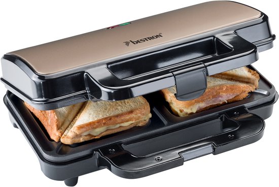 Bestron Sandwichtoaster – ASM90XLSAT – 900 W – Für 2 Sandwiches – Antihaftbeschichtung – Weiß/Grau – 5 Jahre Garantie