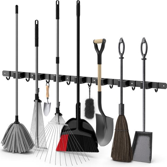 Volcan Besenhalter - Besen Aufhängesystem Gartengeräte - Werkzeughalter - 3M Band - 7 Halter 8 Haken - Edelstahl Schwarz