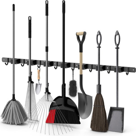 Volcan Besenhalter - Besen Aufhängesystem Gartengeräte - Werkzeughalter - 3M Band - 7 Halter 8 Haken - Edelstahl Schwarz