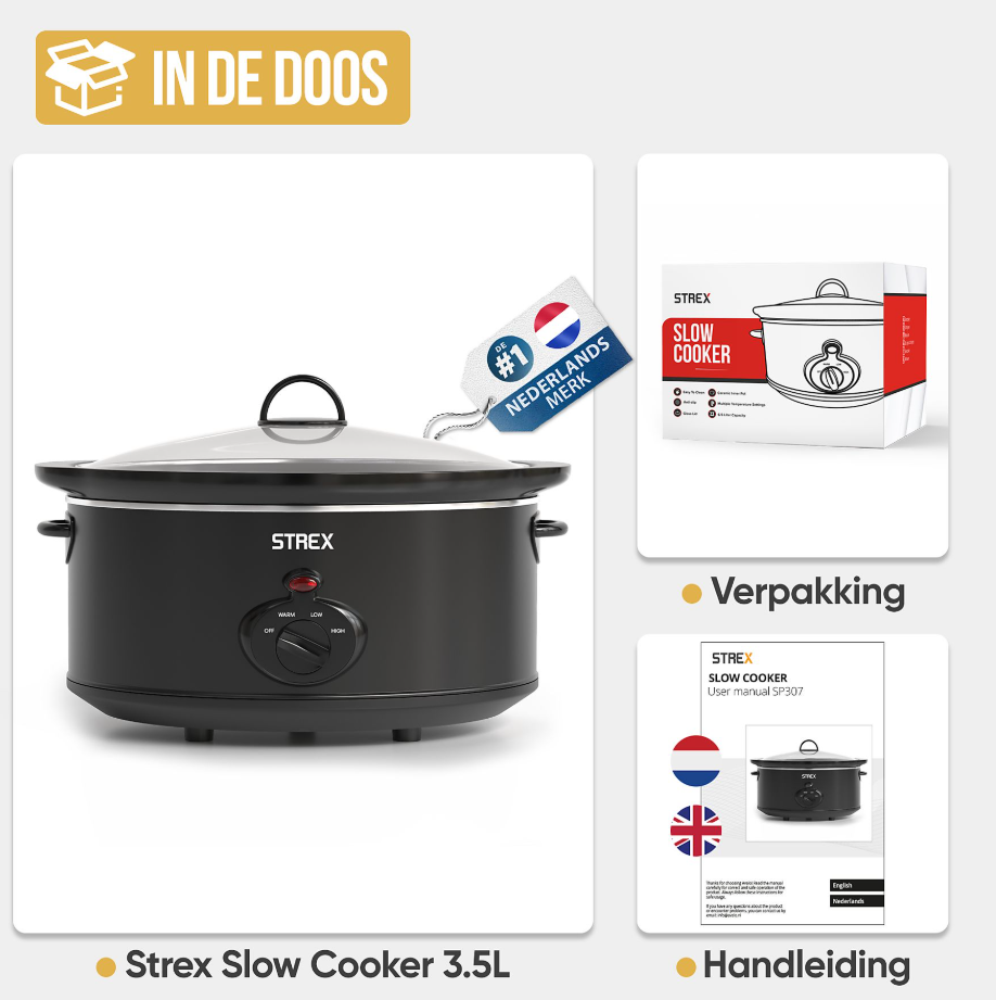 STREX SP307 Slowcooker 3,5 L - Herausnehmbare keramische Innenpfanne - 200 W - Schwarz - 26 x 22 cm