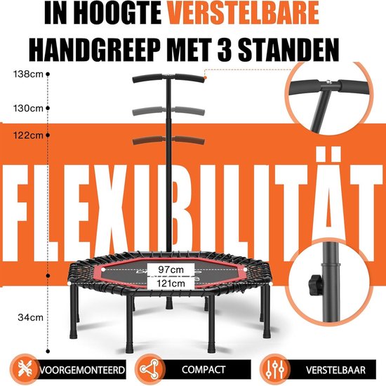 DH FitLife Faltbares Fitness-Trampolin Ø121 cm - Indoor-Trampolin ohne Installation - Mit 3 verstellbaren Griffen - Stabil & leise, bis zu 150 kg, für Kinder & Erwachsene