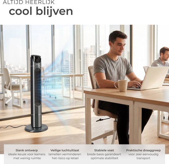 tectake® Großer Ventilator mit Fernbedienung – 110 cm – Schwenkbarer Ventilator mit 3 Geschwindigkeitsstufen – Turmventilator – Leiser Standventilator mit verschiedenen Windmodi + Timer – Luftkühler – Schwarz