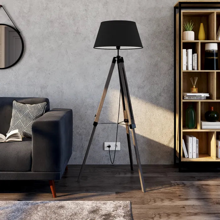 Atmosphera Runo Schwarze Dreibein-Stehlampe – Holz und Schwarz – H 145 cm
