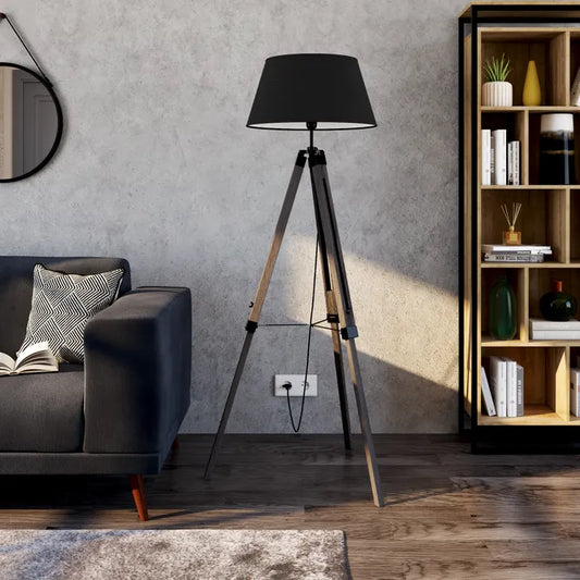 Atmosphera Runo Schwarze Dreibein-Stehlampe – Holz und Schwarz – H 145 cm