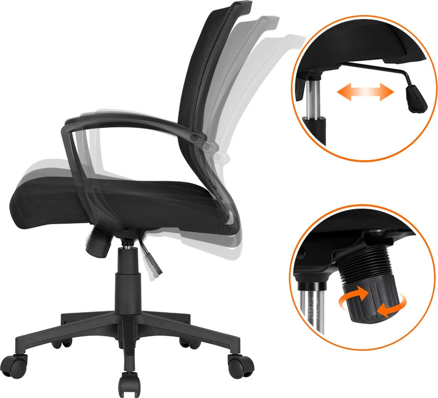 Yaheetech Bürostuhl Ergonomisch - Features Atmungsaktive Mesh-Gewebe und Rocking-Funktion und verstellbare Sitzhöhe - für Büro und Studie - Schwarz Nylon und Metall - 60 x 60 x 91-100,5 cm