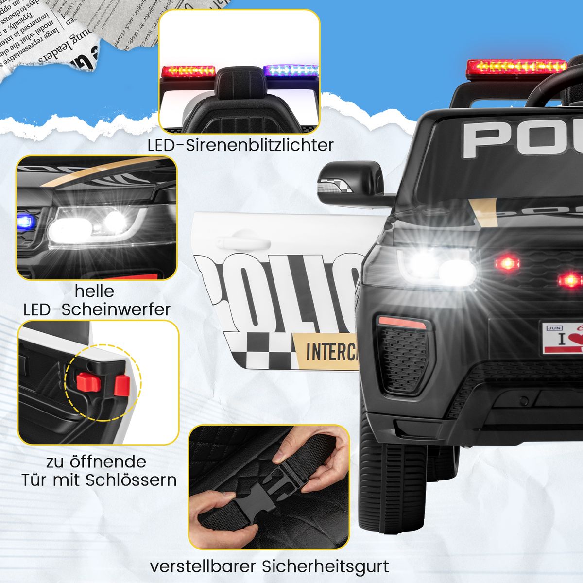 Coast Elektrisches Kinderpolizeiauto – mit Fernbedienung – Sirene und LED-Beleuchtung – schwarz