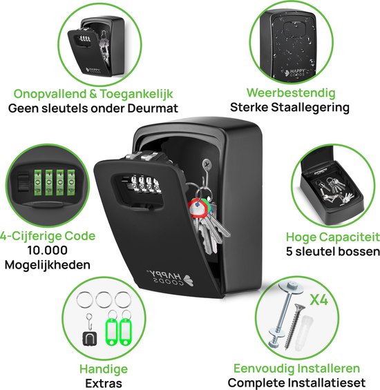Happy Goods Schlüsselkasten mit Zahlenschloss XL - Schlüsselkasten Schwarz - ca. 25 Schlüssel - Wasserdicht - Schlüsseltresor - Schlüsselkasten Outdoor mit Code - Schlüsselkästen
