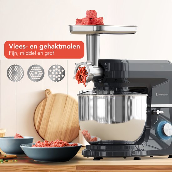 KitchenBrothers Küchenroboter - 6-in-1 Küchenroboter - 1500W - Mit Fleischwolf, Mixer und 15 Zubehörteilen - 6,2L Edelstahlschüssel - Anthrazit