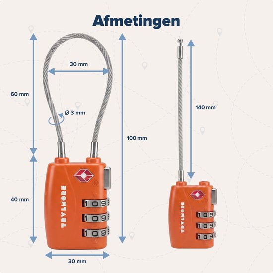 TRVLMORE Kofferschloss, lang – TSA-Reiseschloss – Schloss – 3-stelliges Vorhängeschloss – 14 cm Kabelschloss – 2 Stück – Zahlenschloss – Orange