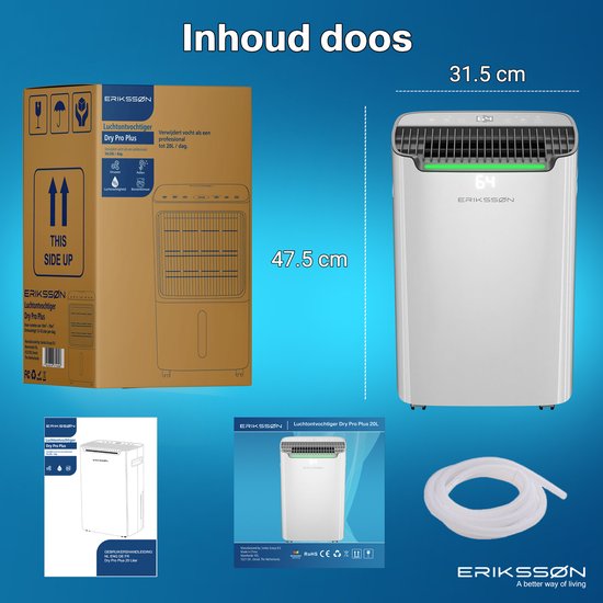 Erikssøn Luftentfeuchter Dry Pro Plus - Entfeuchtet bis zu 20 Liter pro Tag - Waschtrockenfunktion - Geeignet für Haus, Schlafzimmer, Badezimmer, Wohnzimmer und Keller - Luftentfeuchter - Weiß