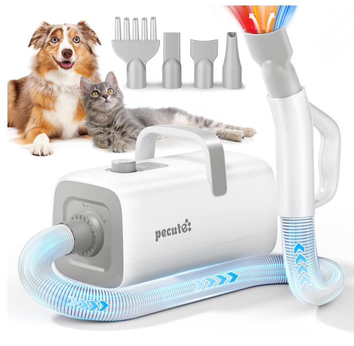 Pecute MAS-520 Haustier-Föhn – Weiß & Grau – 4 Düsen – Warme & kalte Luft