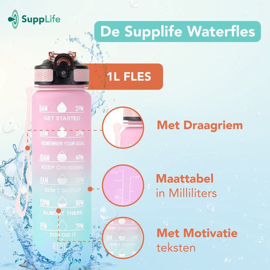 Supplife Trinkflasche – 1 Liter – mit Strohhalm – Motivation – Sporttrinkflasche – BPA-frei – Pink Aqua