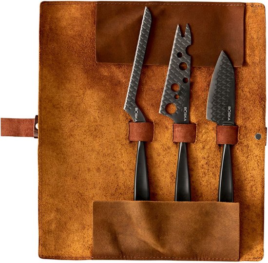 Boska Käsemesserset Monaco+ Schwarz - 3-teilig - inkl. Lederhülle - rostfreier Stahl - Extra antihaftbeschichtet