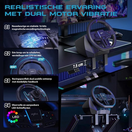 PXN – V900 Gen 2 – Rennlenkrad – Mit Pedalen und Schaltwippen – 270 / 900° – Gaming-Lenkrad – Kompatibel mit PS4 – PC – PS3 – Switch – Xbox X/S-Serie