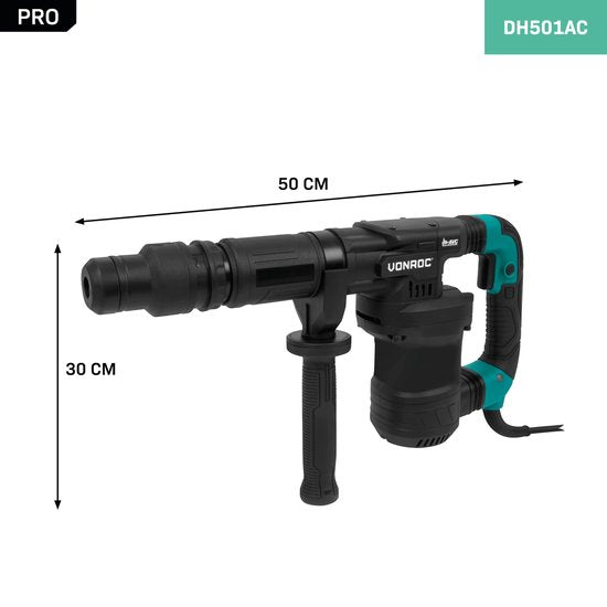 VONROC PRO Aufbrechhammer 1200W - 6kg - Schlagkraft: 14 Joule - Schlaggeschwindigkeit: 3100 p/m - 5 Meter Kabel - Inkl. Seitengriff, Spitzmeißel, Flachmeißel und Tube Fett