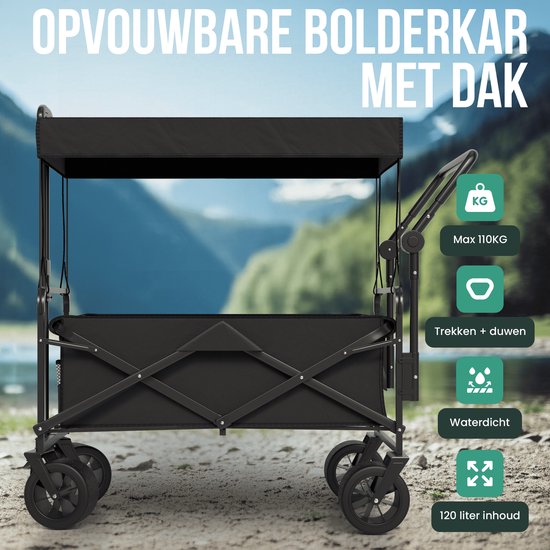 Avalo Wagon mit Dach XL - faltbar - bis zu 110KG - 97x60x105 CM - 120L - 360º Räder - Schwarz