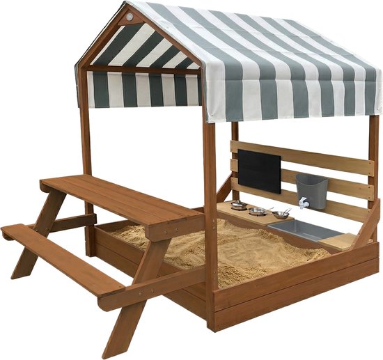 AXI Bo Sandkasten & Spielhaus 159 x 105 cm mit Spielküche und Picknicktisch, braun – FSC-Holz – Mit Kreidetafel und 6-teiligem Sandkasten-Zubehörset – Inklusive Abdeckplane und Bodenvlies – 10 Jahre Garantie