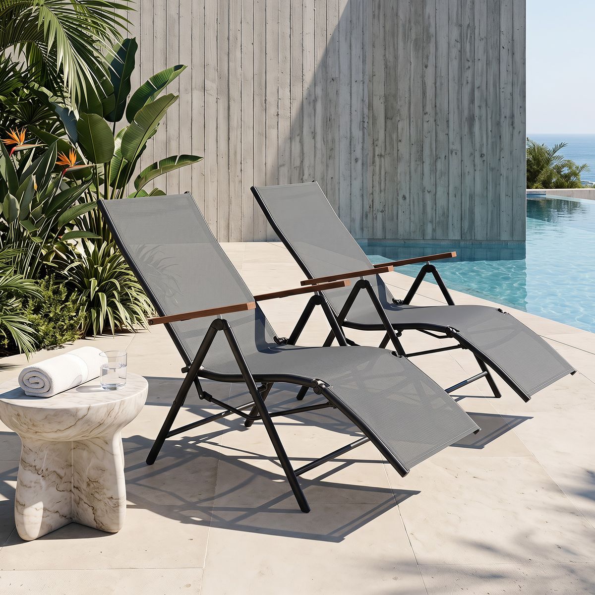 Coast Klappliegestuhl – verstellbare Rückenlehne mit 5 Positionen – atmungsaktiver Stoff – grau – 1 Stück
