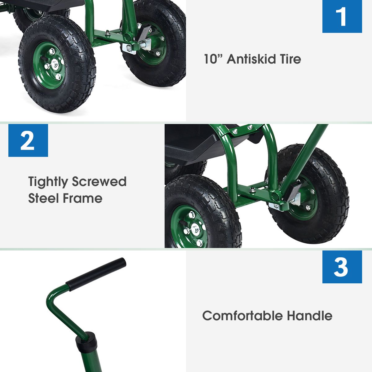 Coast Gartenwagen mit Aufbewahrungskorb – höhenverstellbarer Griff – ergonomischer Sitz – grün