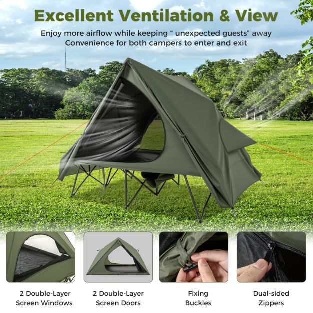 Coast Feldbett mit Zelt für 2 Personen - Campingbett 204 x 126 x 46 cm - Aufstellzelt 204 x 128 x 105 cm - Wasserdichte Oxford Regenhülle - 2 Netztüren & Fenster - Aufbewahrungstasche mit Rollen - Grün