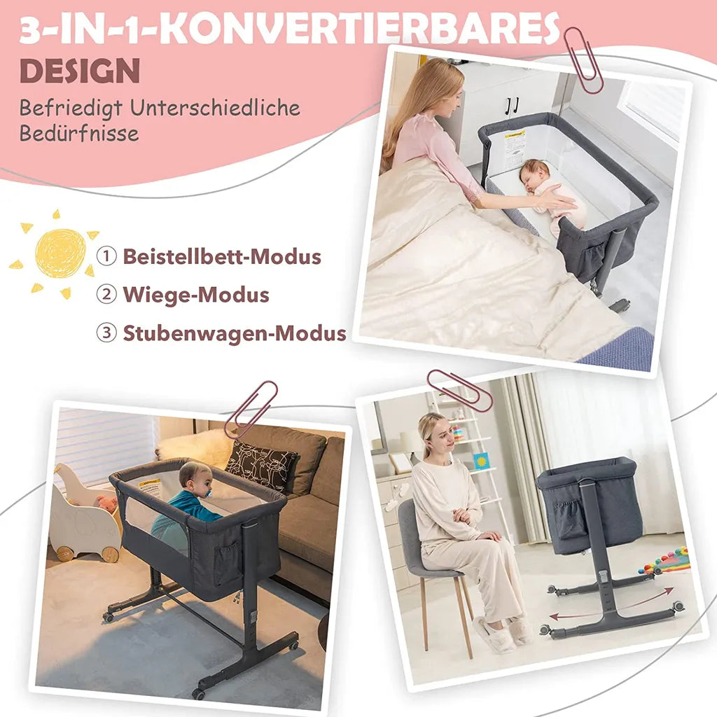 3-in-1 Babywiege mit 5 Ständern Höhenverstellbar 10Â° Neigung Tragbare Wiege für Baby & Kind Beige/Grau/Hellgrau