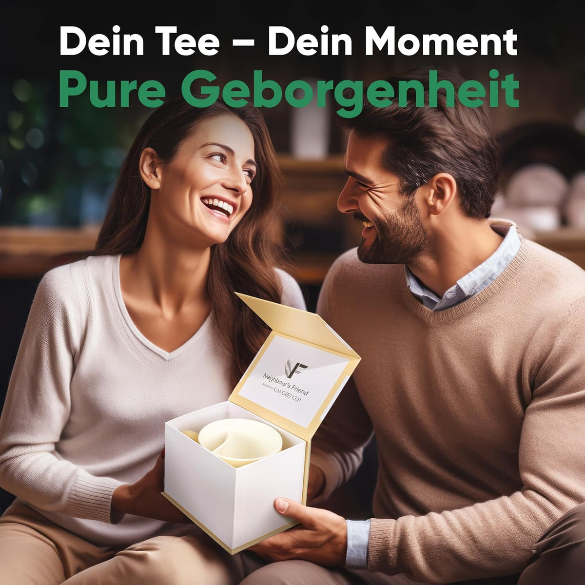 Neighbour's Friend Patentierte Teetasse beige Geschenk Box I Keramik Tasse groß 325ml I Teebecher Steingut I Keramiktasse für Tee I Spülmaschinengeeignet Teetassen I Modernes Design für Teetrinker