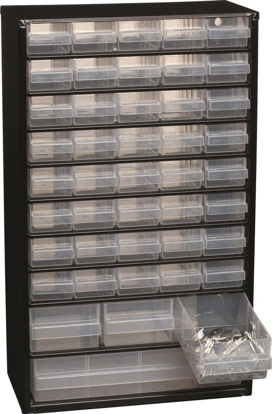 Raaco Schubladenschrank mit 44 Schubladen – Sortimentsschrank aus Metall – Aufbewahrungssystem u. a. für Schrauben und Bolzen – Kann an der Wand befestigt werden – Inkl. 10 Trennwände – 150 x 510 x 303 mm