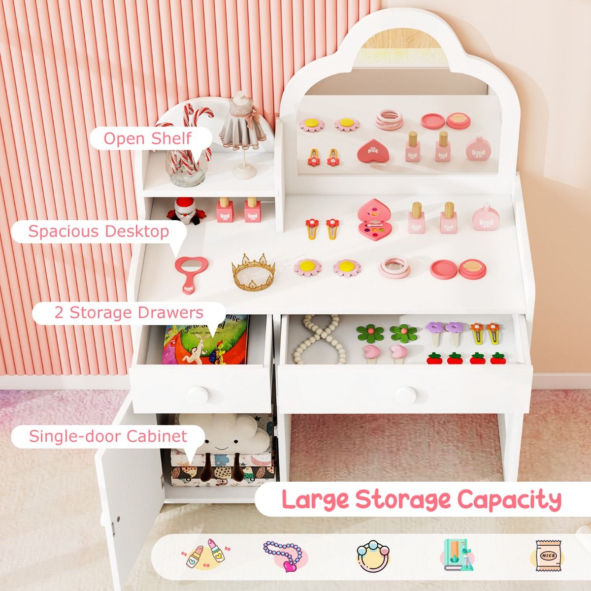Coast Kinder-Frisiertisch-Set – Spiegel in Wolkenform – 2-in-1-Frisiertisch mit Hocker – weiß
