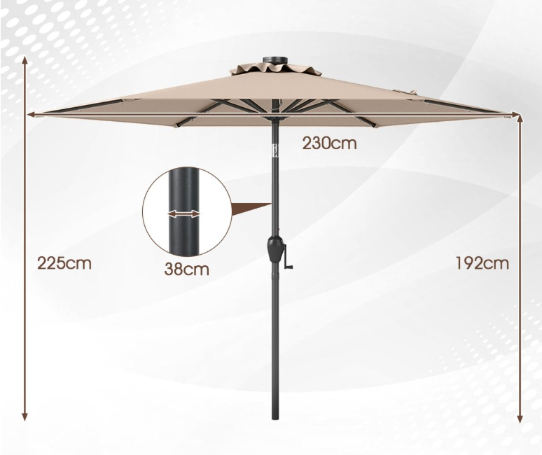 Robuster Terrassen-Sonnenschirm mit LED-Beleuchtung 230 cm - Braun - Kippbar mit Manivelle und Ventilation