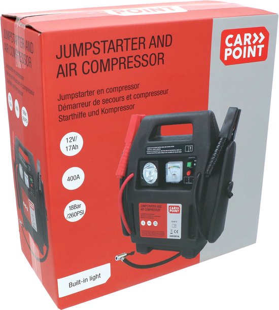 Carpoint Starthilfe – 12 Volt – mit Luftkompressor – Spitzenleistung 400 A – Aufladen mit 230-Volt- oder 12-Volt-Adapter