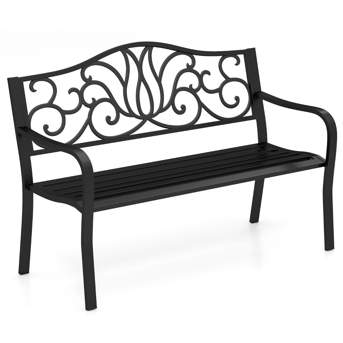 coast Gartenbank Schwarz - Gusseisenrücken mit Blumenmuster - 127 x 61 x 89 cm - 2-3 Personen Terrassenbank mit Armlehnen