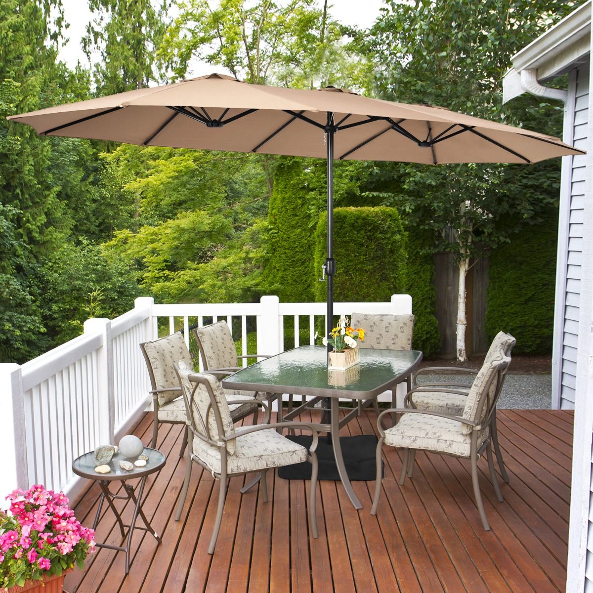 Coast 451,5 x 264 cm Doppelter Terrassen-Sonnenschirm mit Ständer - Brauner XXL-Schattenschirm für Garten, Terrasse und Schwimmbad