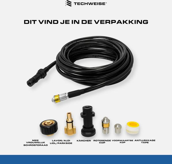 Techweise - Kanalisationsschlauch passend für Kärcher - 15M - Mit Dreh- und Vorwärtskopf