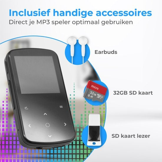 Nuvance - MP3-Player mit Touchscreen und Bluetooth - inkl. Ohrhörer und 32GB SD-Karte - mit Clip - digitaler Sprachrekorder - mit FM-Radio - Schwarz